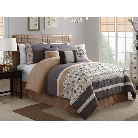 7-Pc Doni Damask Scroll Floral Royal Embroidery Comforter Set Gray Tan Beige Khaki Queen