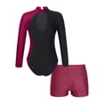thumbnail image 4 of TSSOE Girls 2Pcs Shiny Rhinestone Tracksuit Long Sleeves Leotard with Boy Short Set Unitard Biketard Burgundy 8, 4 of 6