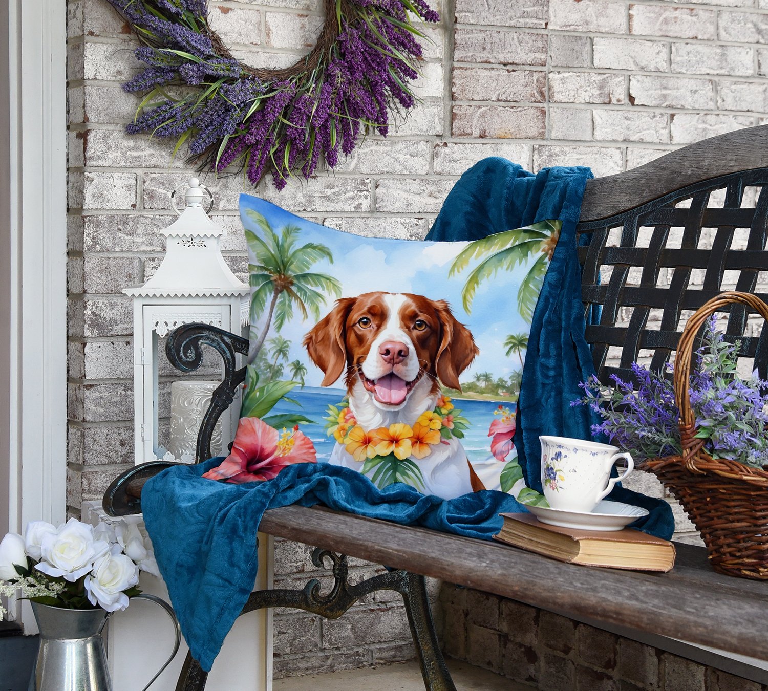 Brittany Spaniel Luau Throw Pillow 18 in x 18 in