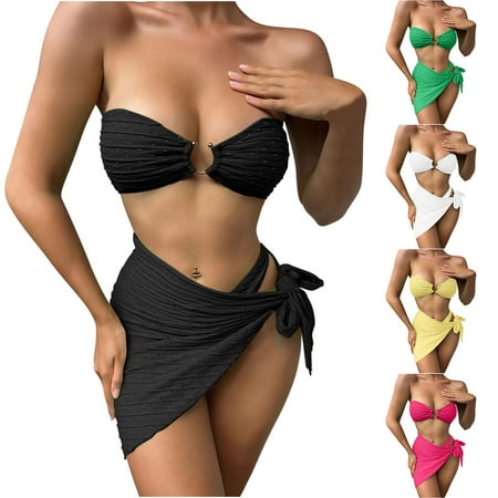Jacenvly 2024 Cover-Up Split Three-Piece Clearance Quick Drying Swimsuit Three-Piece Suit Women Bandage Solid Bikini Push-Up Padded Swimwear Swimsuit Beachwear Set Hot Pink