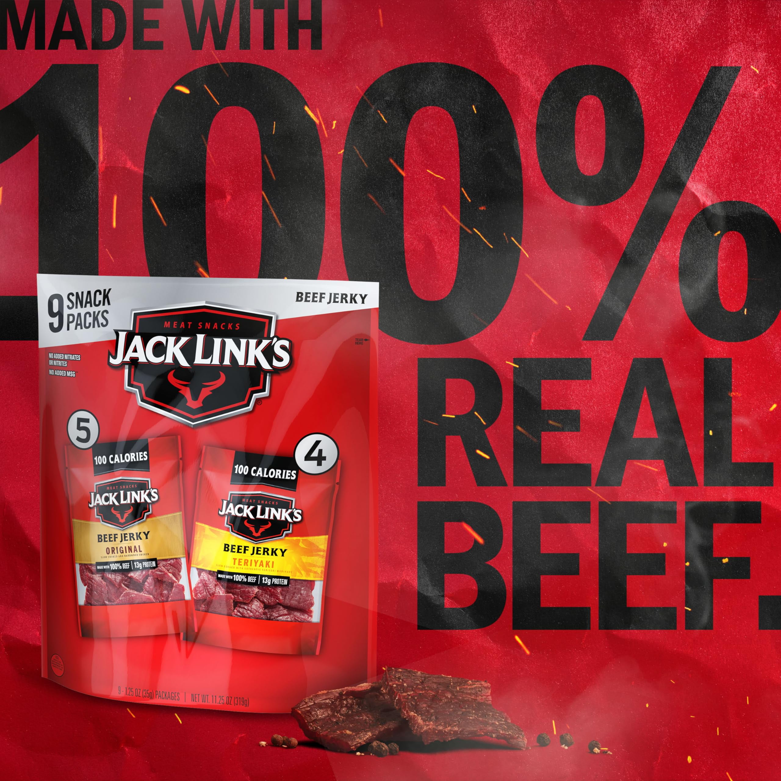 Jack Link's Beef Jerky DHF10&nbsp;Variety - Includes Original and Teriyaki Flavors, On the Go Snacks, 13g of Protein Per Serving, 9 Count of 1.25 Oz Bags (Pack of 1)