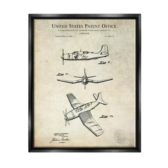Stupell Industries Vintage Distressed Patent Airplane Graphic Art Jet Black Floating Framed Canvas Print Wall Art, Design by Karl Hronek