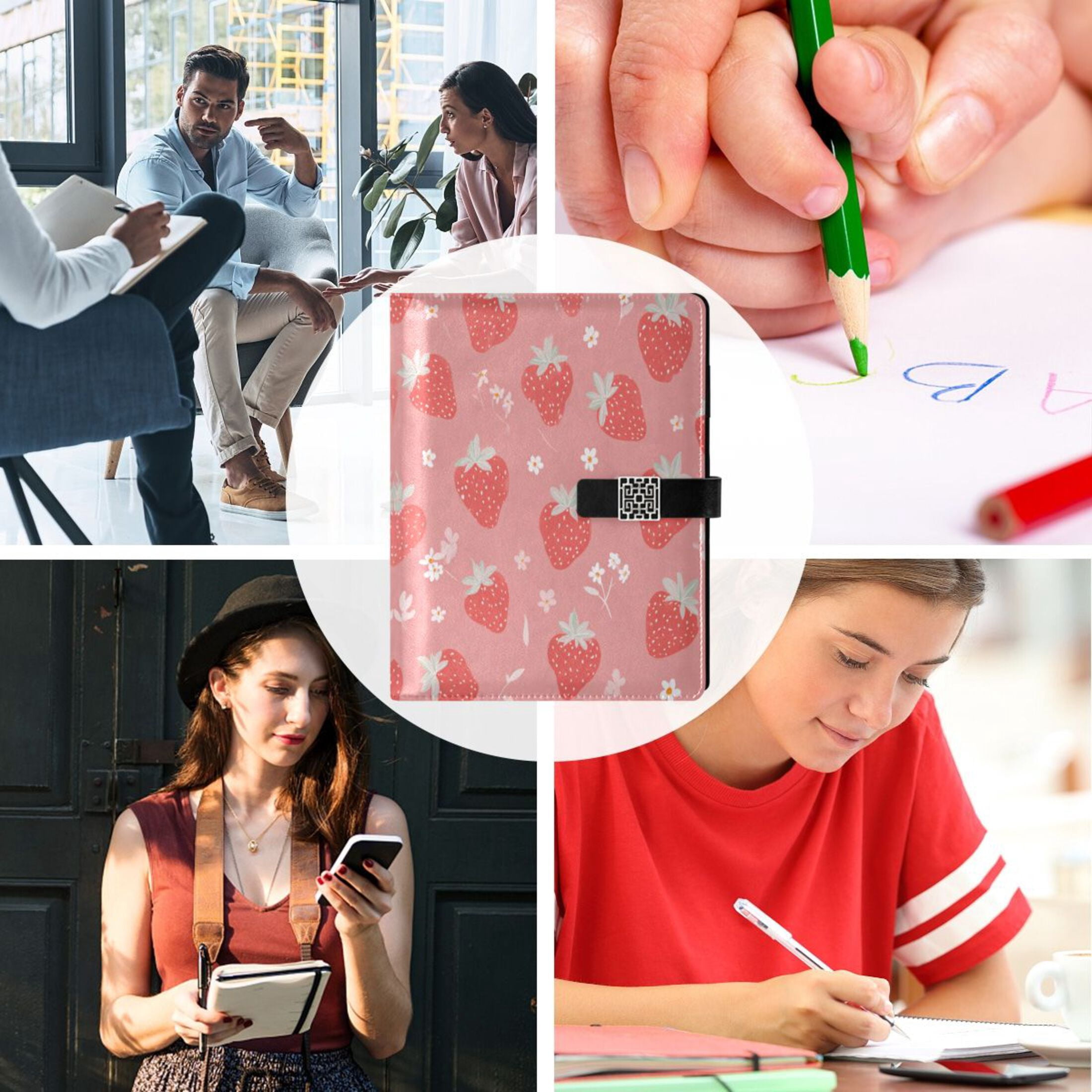 Leather Planner Leather Notebook Notebook Journal Binder Design Pen Pocket Design Convenient for Storage Sweet Pink Strawberry Pattern