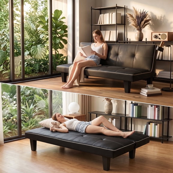 Lifarythm Futon Sofa Bed, Futon Couch with 3 Adjustable Backrest Convertible Twin Size Modern PU Leather Sleeper Sofa for Living Room 69", Black