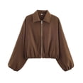 thumbnail image 2 of Tdoqot Womens Cropped Bomber Jackets- Casual Lightweight Trendy Zip Up Long Sleeve Fall Track Jacket Brown Size M, 2 of 8