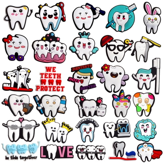 30 Pieces Dental Health Shoe Charms Fit for Clog Sandals Decoration, Cartoon Teeth Protect Shoes Charm Accessories for Beach Bag Tote Bags Handbags Party Favors