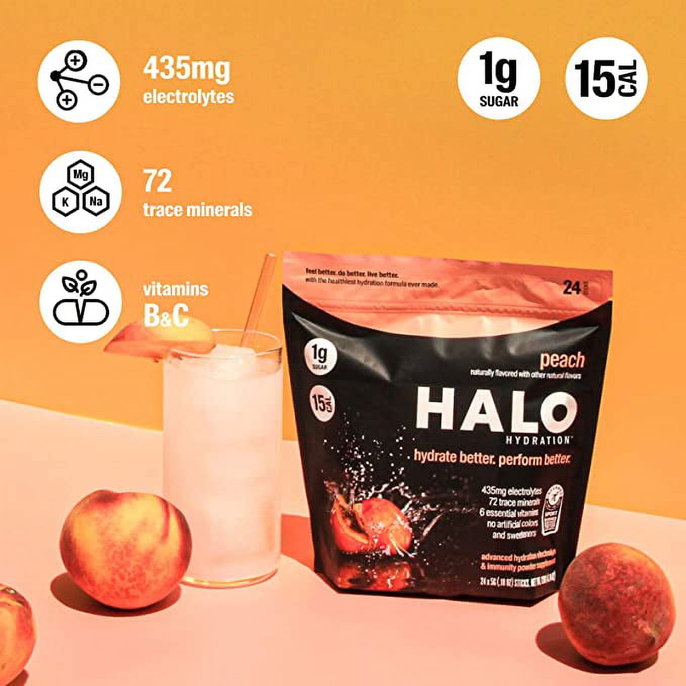 Halo Enhanced Hydration 24 Sticks (0.15 oz) Peach Electrolyte Powder