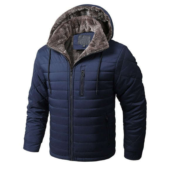 LpwkSSA Men's Padded Coat Solid Color Thick Velvet Windproof Jackets Warm Zipper Pocket Buckle Long Sleeved Hooded Casual Cotton Jacket Blue L