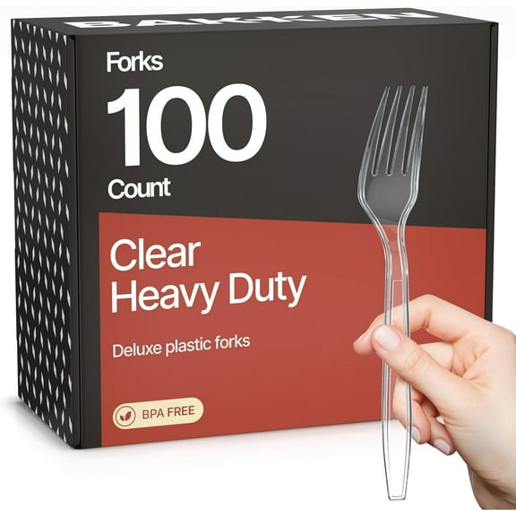 Bakken Disposable Cutlery Set 100 Pieces Forks, Heavy Duty Plastic Silverware, BPA-Free Food-Grade Materials, Heat-Resistant, Reusable Utensils for Parties, Catering, BBQs, and Everyday Use, Clear