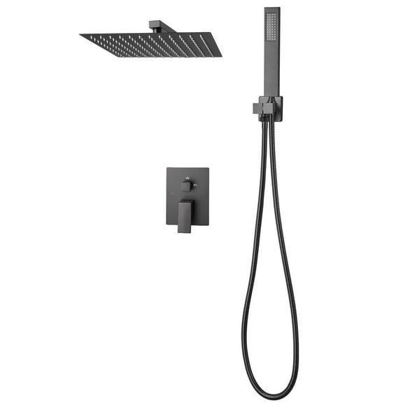 KFFKFF Wall-Mounted Shower System with 12-Inch Square Rain Shower Head and Handheld Spray, Bathroom Fixtures with Brass Valve and Trim Kit, Matte Black