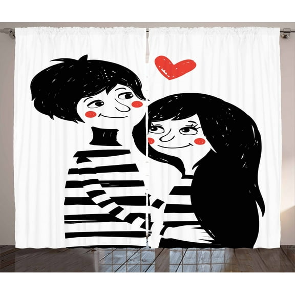 Hipster Curtains 2 Panels Set, Valentines Day Theme Romantic Young Couple in Love Girl and Boy with Heart, Window Drapes for Living Room Bedroom, 108W X 63L Inches, Black White and Red, by Ambesonne