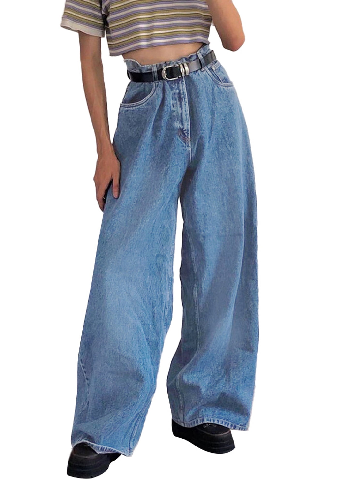 casual elastic high waist denim wide leg pants