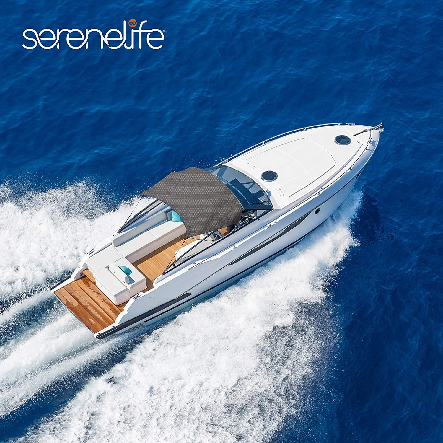 SereneLife 3 Bow Bimini Top - 2 Straps and 2 Rear Support Poles with Marine-Grade 600D Polyester Canvas (Gray)