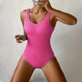 thumbnail image 3 of Women One Piece Swimsuit Solid Ribbed Monokini Swimwear Scoop Neck Low Back Bathing Suit Hot Pink S, 3 of 6