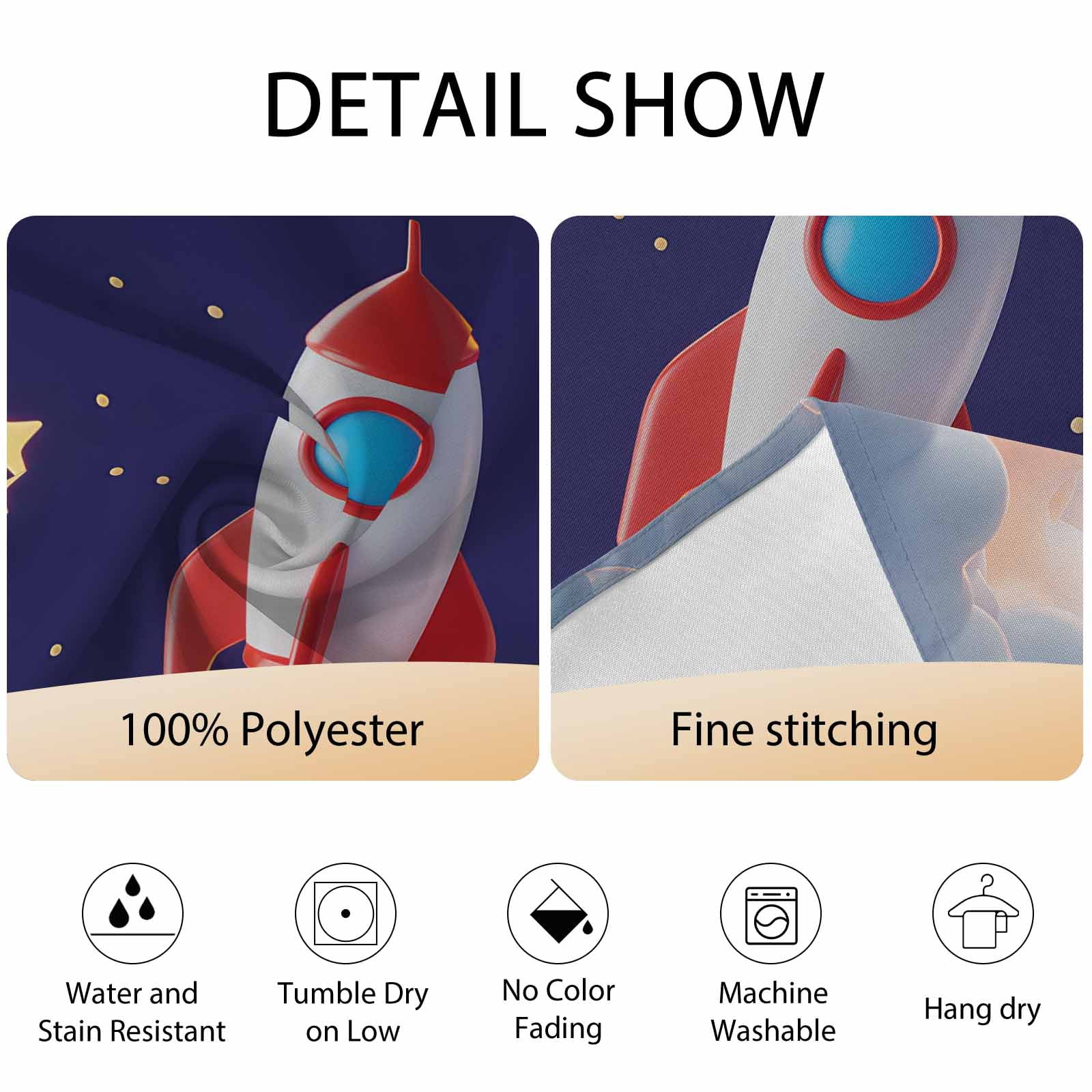 Round Tablecloth Cartoon Navy Blue Space Waterproof Oil Proof Polyester Table Cloth Cover Decor for Home Dining Outdoor,Patio,Parties, 54" Dia. Red 3D Rocket Yellow Stars