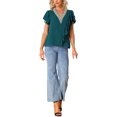 thumbnail image 2 of Unique Bargains Hauts à Manches Courtes pour Femmes Blouse Décontractée Col en V Bleu Paon m, 2 of 6