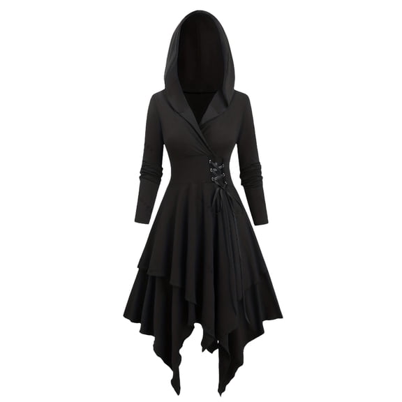 Women'S Hooded Dress With Asymmetric Hem Long Sleeve Costume Outfit For Halloween Cosplay Role Play Masquerade Party Stage Performance