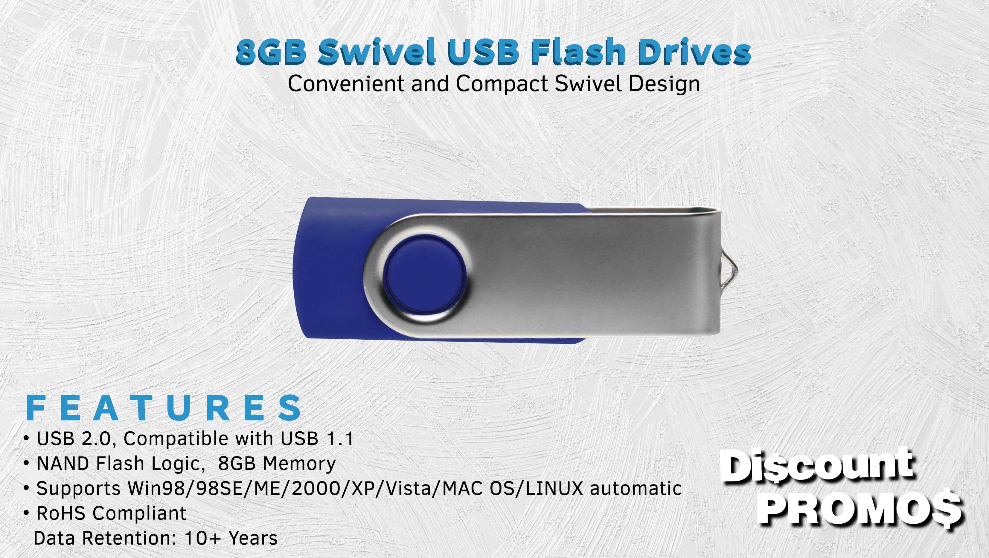 6 Swivel USB Flash Drives Pack, 8GB - Pocket size, Long Data Retention - Blue