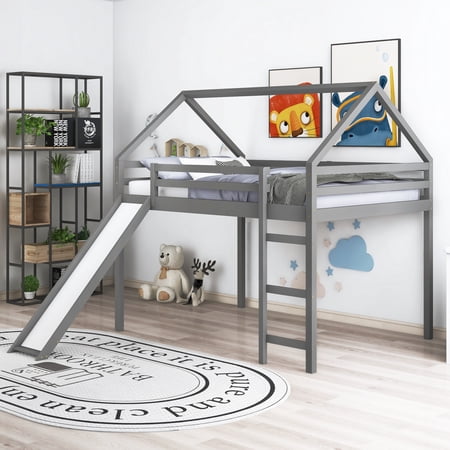 Clearance! Full Size Loft Bed with Slide  House Bed with Slide Gray