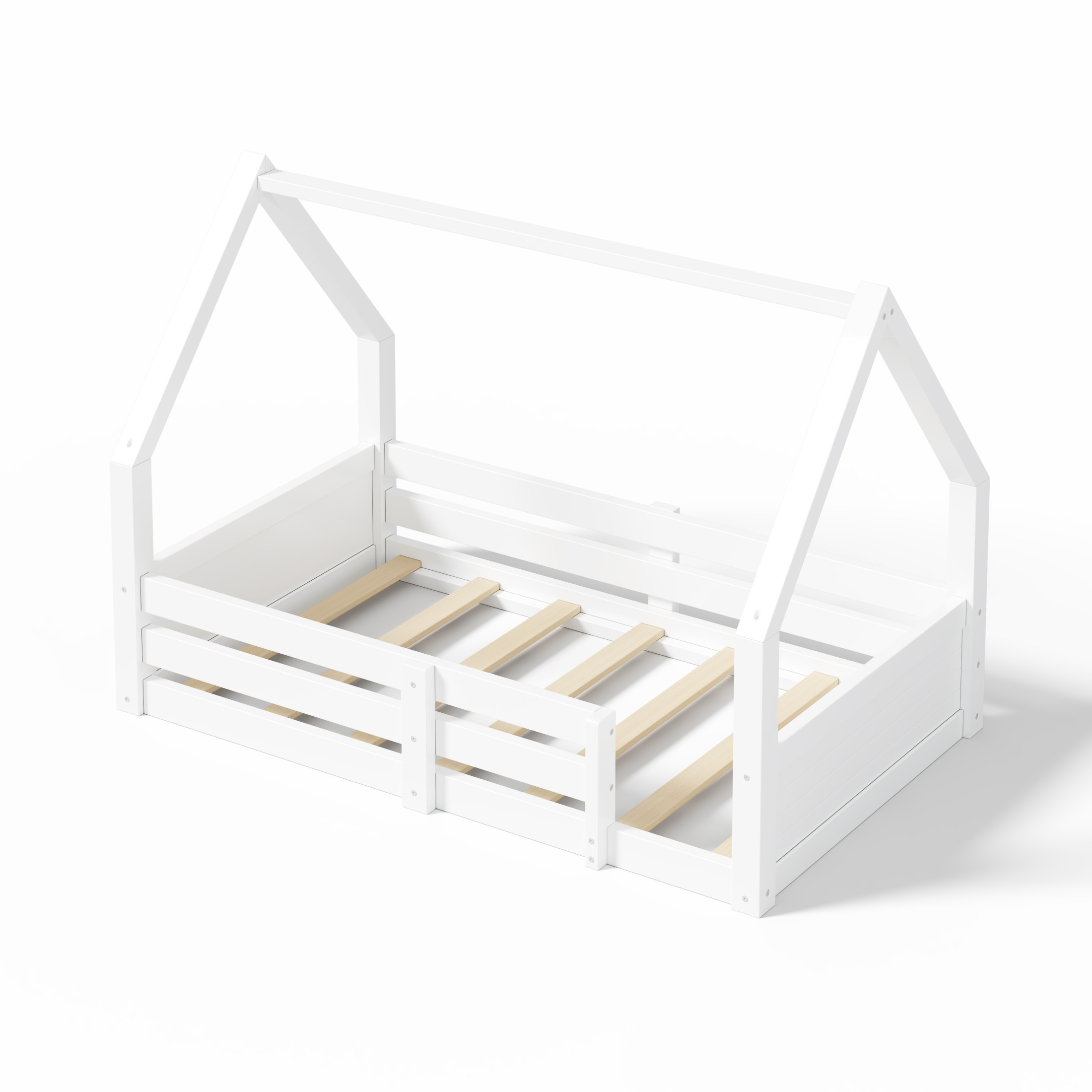 Noble House Salma Twin Size House Floor Wooden Bed with Roof Frame & Grooved Panels, Safety Guardrails, White