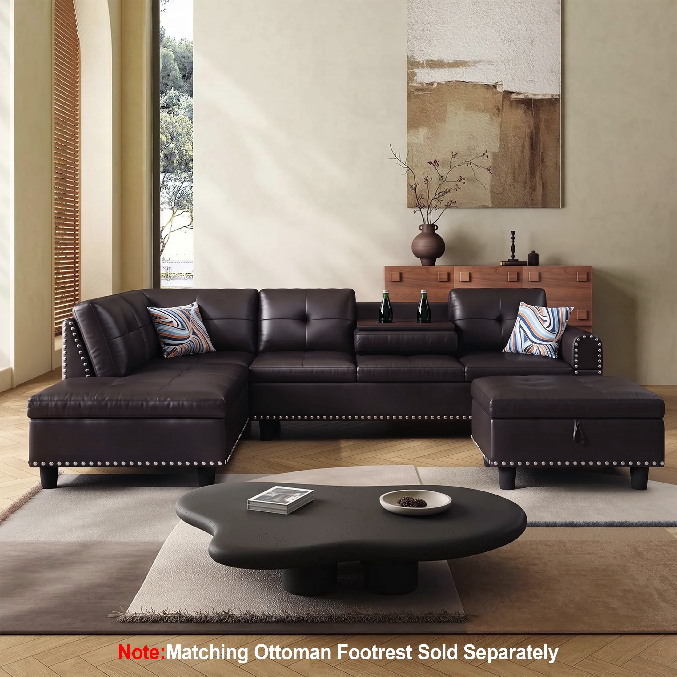 AENKYO 98" L-Shaped Sectional Sofa with Reversible Chaise and Cup Holders, Faux Leather, Brown