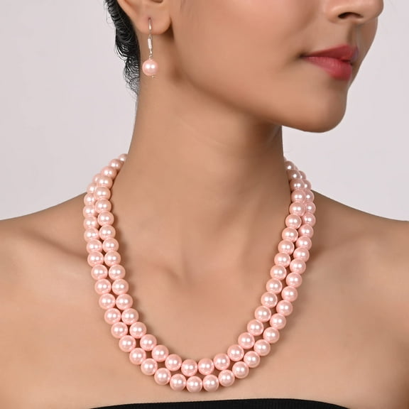 Ratnavali Jewels Shell Cultured 10mm Pink Pearl Double Strand Necklace for Women With Hook Earrings