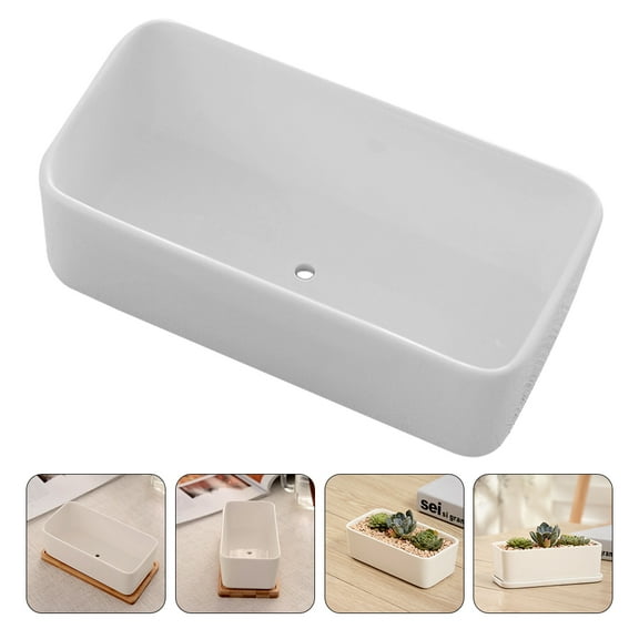 WHAMVOX  2 Pcs Terracotta Garden White Porcelain Flowerpot Rectangular Pots Office
