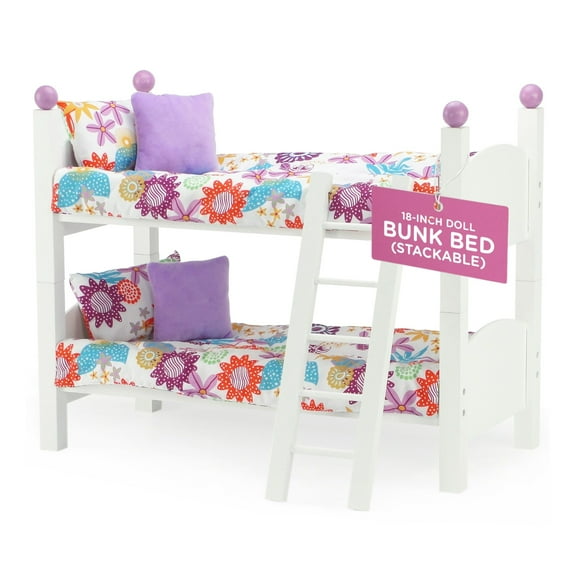 Emily Rose 18 Inch Doll Bedroom Furniture | 18" Doll Bunk Bed - 2 Single Stackable 18-in Doll Beds | Doll Bunkbed Includes 2 Sets of Colorful Bedding & Ladder | Fits 15" - 19" Dolls