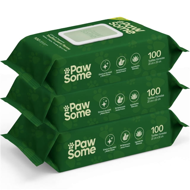 Paw Some Toallitas Húmedas Biodegradables para Mascotas 20x20 cm - Pack de 300 Unidades (3 Paquetes de 100) - Toallitas con Textura para Limpieza de Patas y Pelaje