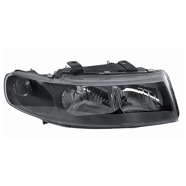 faro depo seat leon 2001 - 2006 copiloto faro delantero derecho DEPO para Seat Leon/Toledo 2001-2006, vista frontal 3/4 con carcasa negra y lente transparente, reflectores internos y compartimentos para luz baja, alta y direccional, soportes de montaje superiores visibles; a menudo usado como repuesto en el lado copiloto.