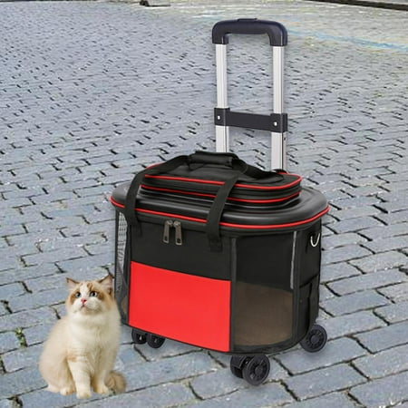 Menolana Dog Carrier with Wheels Breathable Shoulder Bag with Pull Rod Folding Trolley Rolling Cat Carrier for Outdoor Trips Traveling Red