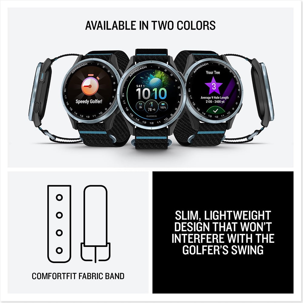 Garmin Approach J1 Cloud Blue Aluminum Bezel with Black/Azure ComfortFit Fabric Band 010-03898-00 Bundle with Deco Essentials Charging Dock, 3x Silicone Dust Cover and 2x 1.2 Inch Screen Protector