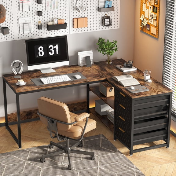Finmind L Shaped Computer Desk with Storage Drawers, 59"  Reversible Corner Office Desk for Home Office, Brown