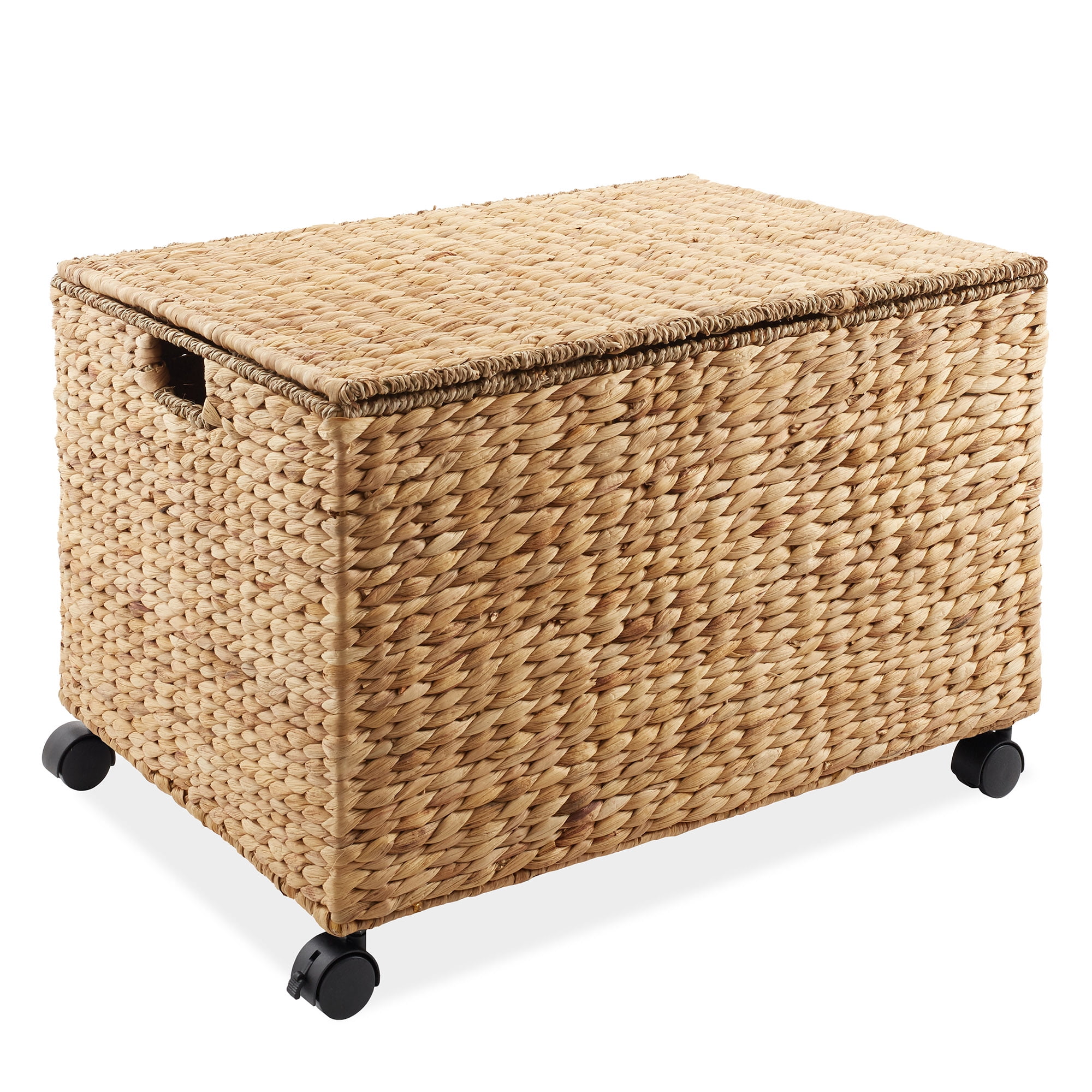 Casafield Rolling Storage Basket Cart with Lid and Wheels, Natural - Woven Water Hyacinth Divided Sorting Bin for Kitchen, Pantry, Laundry, Garage