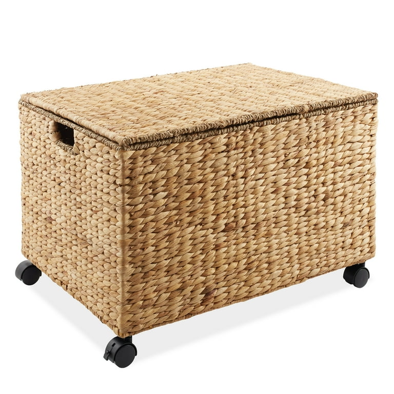 Casafield Rolling Storage Basket Cart with Lid and Wheels, Natural