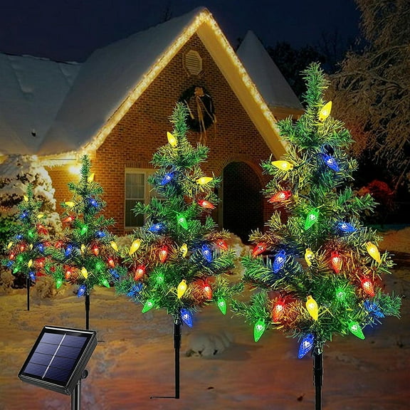 KOYPTL LED Christmas Ground Plug Lights with Christmas Tree Shaped,Solar Waterproof Pathway String Lights Outdoor for Christmas Decorations Holiday Party Backyard Sidewalk Garden Patio Ornament-4 pcs