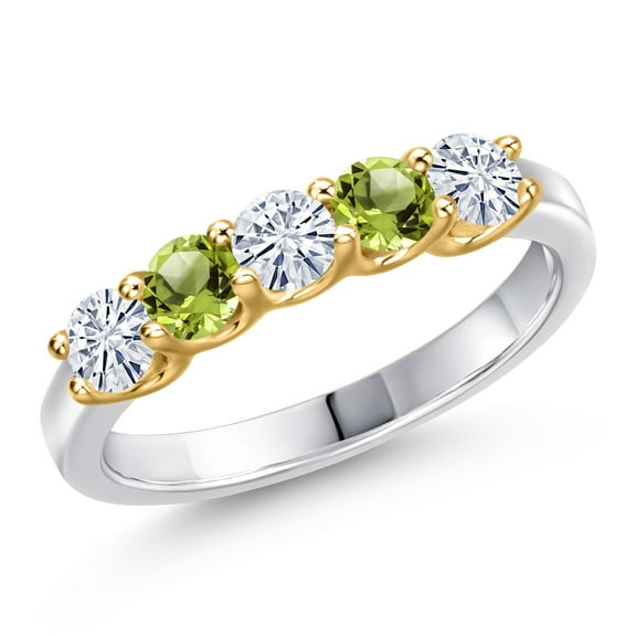 Gem Stone King 925 Silver and 10K Yellow Gold White Moissanite and Green Peridot Wedding-Bands Ring for Women | 0.89 Cttw | Round 3.5MM | Gemstone Birthstone | Size 5