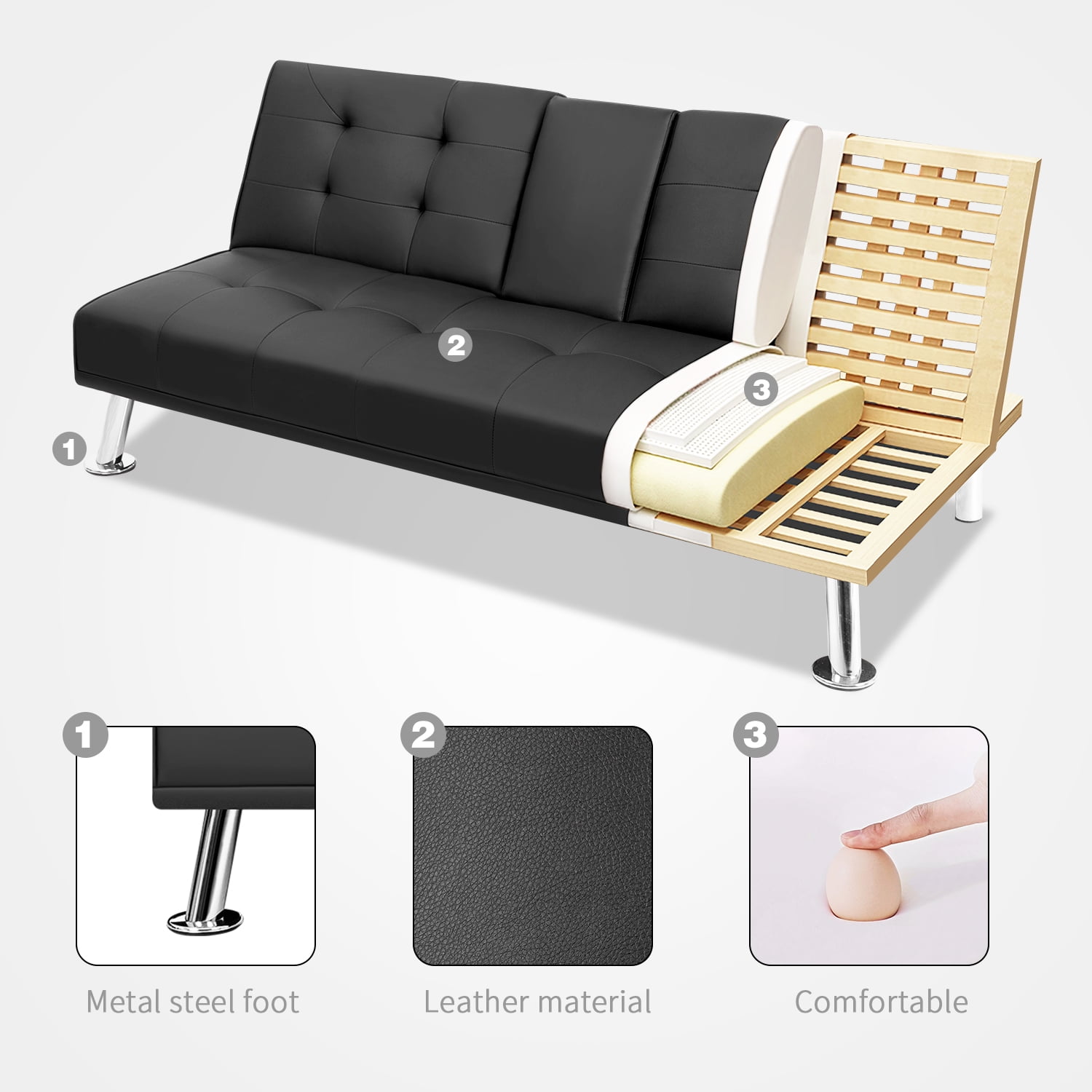Vineego Modern Faux Leather Couch Convertible Folding Futon Sofa Bed with 2 Cup Holders, Black