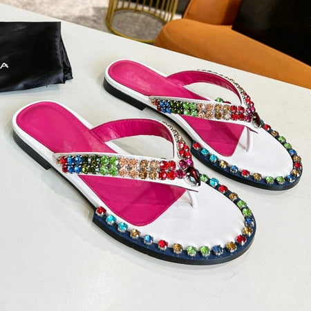 

Iridescent Rhinestone Diamond Flip Flops Flat Heel Mixed Color Colorful Crystal Slip-on Summer Slippers Women