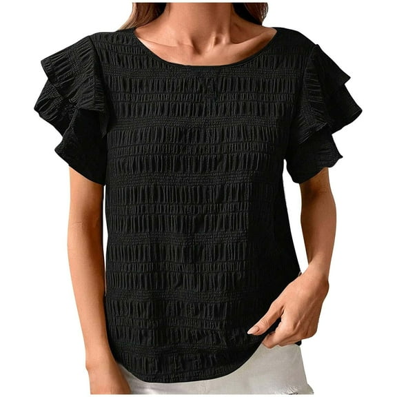 TKLPEHG Womens Tops Casual Crew Neck Ruffle Sleeve Elegant Shirt Loose Comfy Solid Color Fashion Lightweight Short Sleeve T Shirt Summer Clothes Blouses (Black,L)