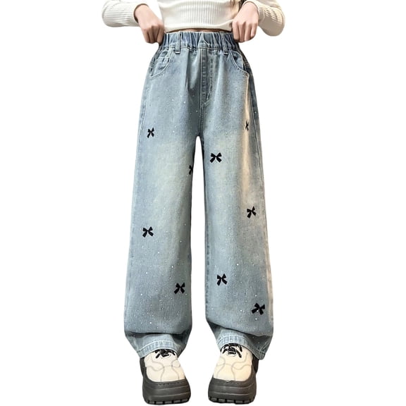 Guluxicc Girls Baggy Jeans Kids Denim Pants with Bow Tie Embroidered Straight Wide Leg Streetwear Girl Trendy Elastic Waist Pants 4-14 Years