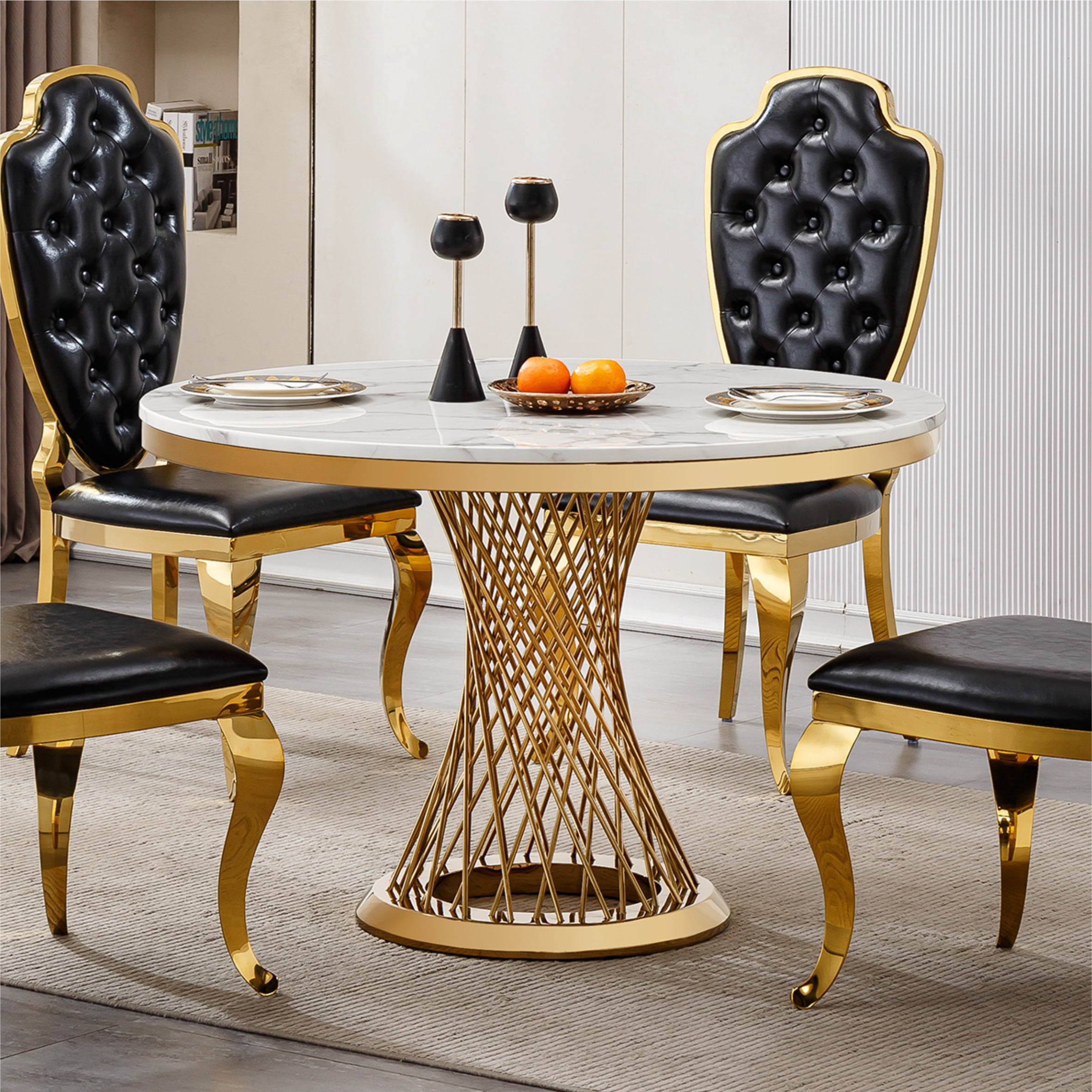 GAKMCIL 47" Round Marble Dining Table for 4-6 People, Modern Kitchen Table with High Glossy Faux Marble Top, Stainless Steel Base, 300lbs Load, Easy Assembly for Dining Room, Kitchen (Gold&White)