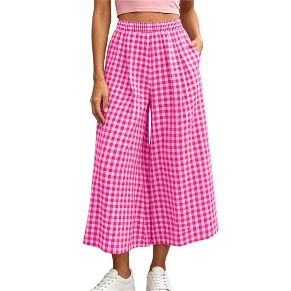 Women's Plaid Wide Leg Capri Pants High Waisted Elastic Waist Casual Cropped Pants with Pockets