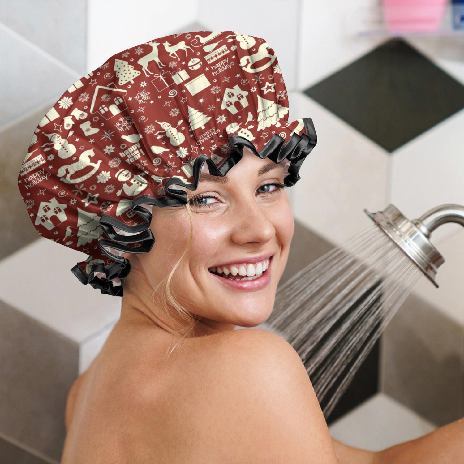 Shower Caps,Red Christmas Icon Pattern Waterproof Shower Cap for Women 4 Pieces,Double Reusable Hair Cover for Shower PEVA Elastic Stretch Hem