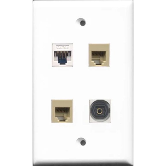 RiteAV - 2 Port Phone RJ11 RJ12 Beige and 1 Port Toslink and 1 Port Cat5e Ethernet White Wall Plate
