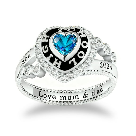 Ccjcinata Custom Class Rings Heart Shape Rings Class Rings for Women High School 925 Sterling Silver Rings Women's Class Rings Size 5-15 Graduation Rings for Women Cubic Zirconia Birthstone Rings