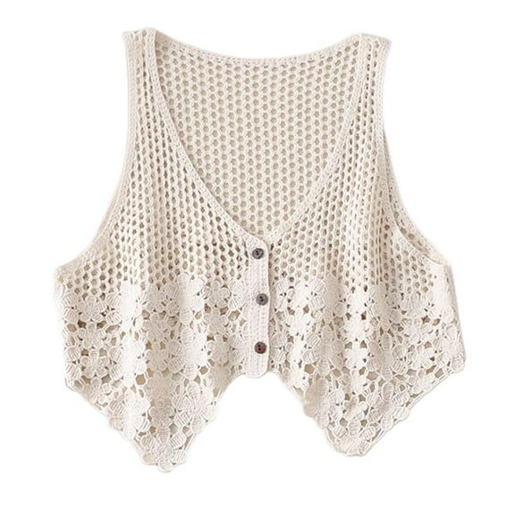 Women Hollow Out Sleeveless Vest Crochet Floral V-Neck Short Waistcoat Cardigan