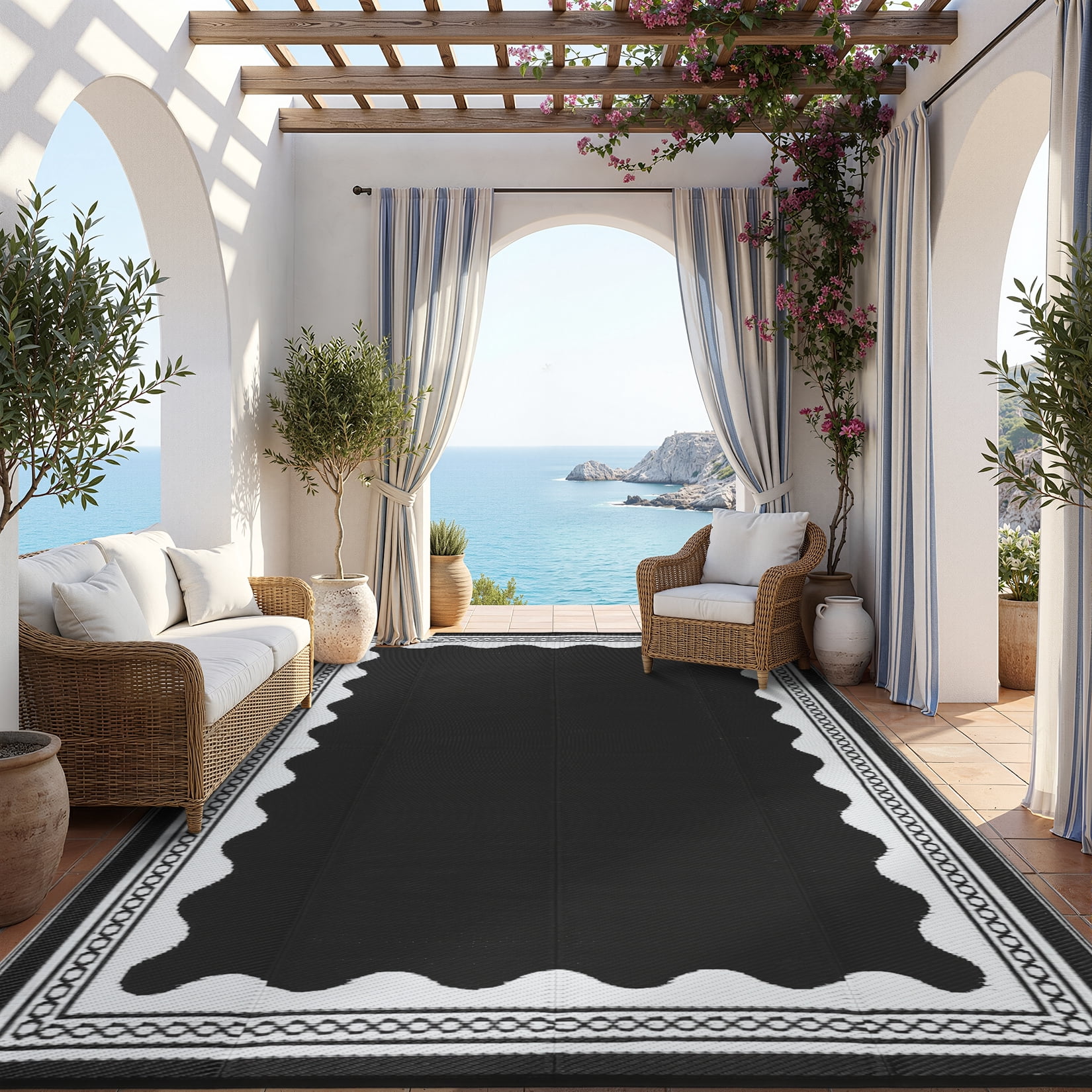 Garvee Outdoor Rug 8x10ft Modern Bordered Reversible Plastic Straw Rug, Waterproof RV Camping Rug Foldable Patio Rug for Deck Porch Balcony Backyard Picnic Beach, Black/White
