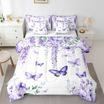 Manfei Kawaii Butterfly 7pcs Bedding Comforter Set,Purple Rustic Lavender Queen Bedding Sets,Country Flower Floral Queen Sheet Sets For Girls Teens,Ultra Soft Home Decor