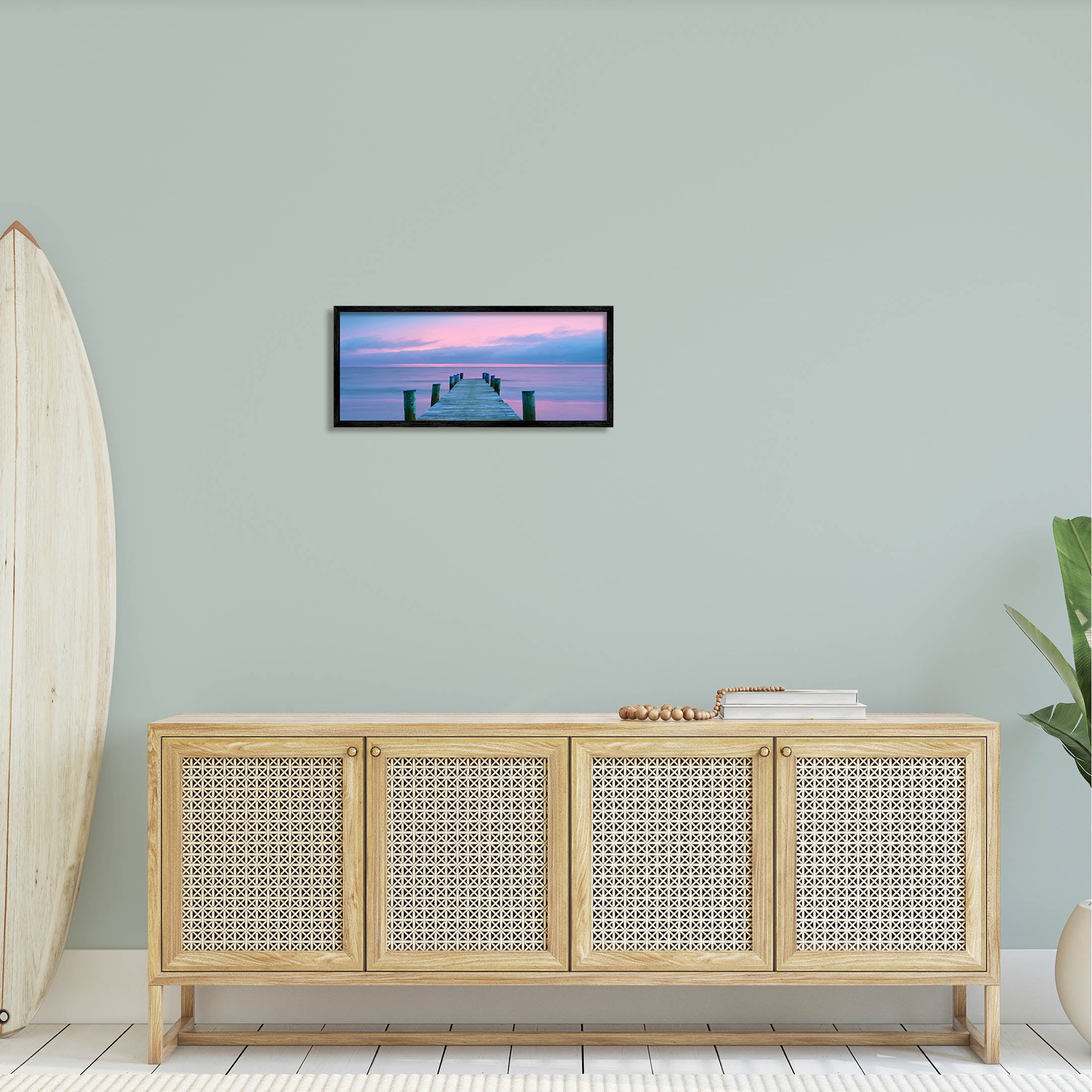 Vivid Sunset Ocean Dock Horizon Coastal Photograph Black Framed Art Print Wall Art